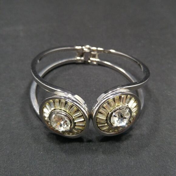 Vintage Clear Rhinestone Hinged Clamper Bracelet, Rhodium Plated, Wedding Cuff - Picture 7 of 9